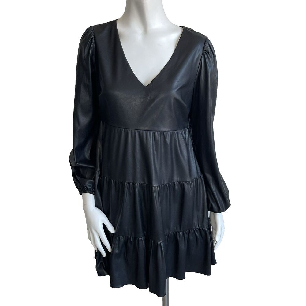 Lucy Paris XS Black Faux Leather A-Lined Tiered Mini Dress Cocktail Party